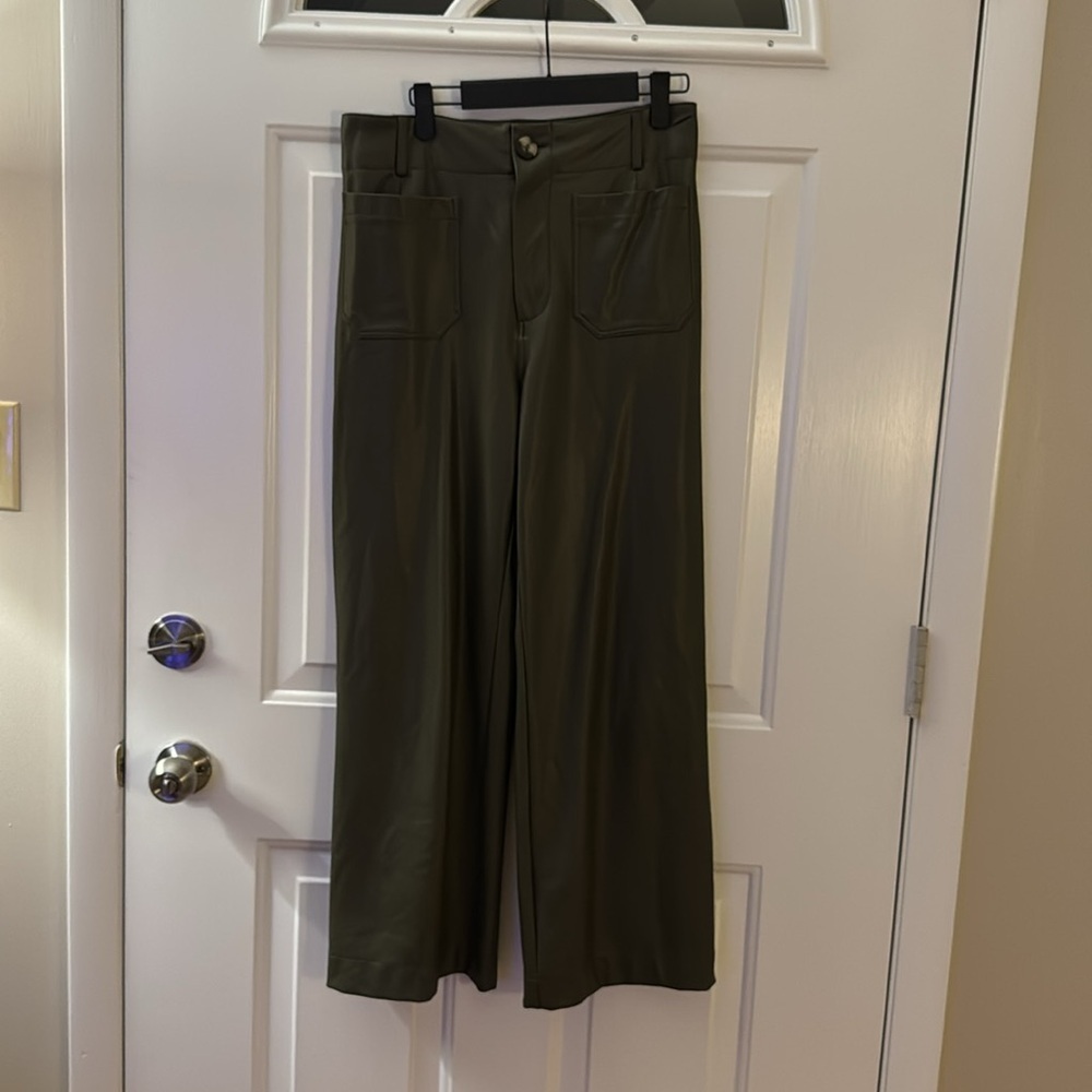 Anthropologie Maeve Colette Cropped Wide Leg Pants Faux Leather Holly Green 28 - Picture 6 of 7